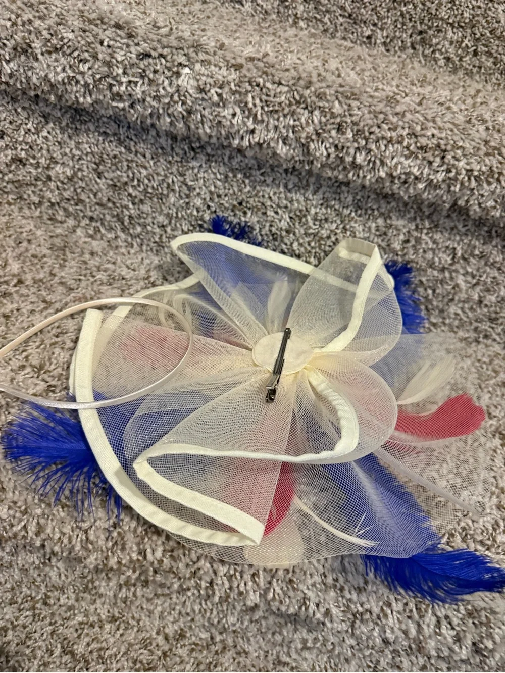 White Fascinator Headpiece with Red & Blue Feather Accents